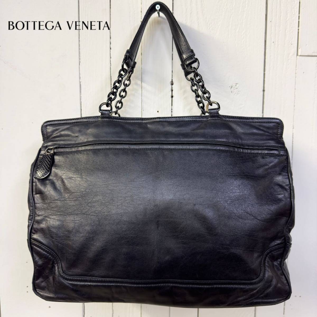 ボッテガヴェネタ BOTTEGA VENETA レザー トートバッグ ブラック 本革 チェーン ハンドバッグ ソフトレザー イタリア製 made in ITALY 希少_画像1