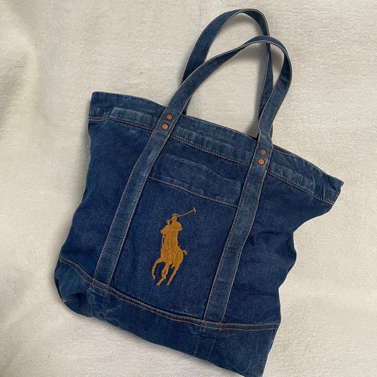 ポロラルフローレン　ビッグポニー刺繍　デニム　トートバッグ　ゴールド刺繍　バック POLO RALPH LAUREN ビッグポニー