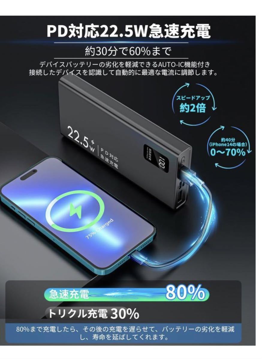 モバイルバッテリー【2023新登場・22 5W急速充電・ケーブル内蔵