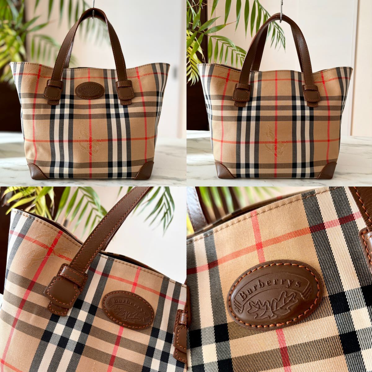 極美品 BURBERRY バーバリー ノバチェック レザートートバッグ＊レディース メンズ 牛革 本革 ブラウン 茶 ハンド フォーマル