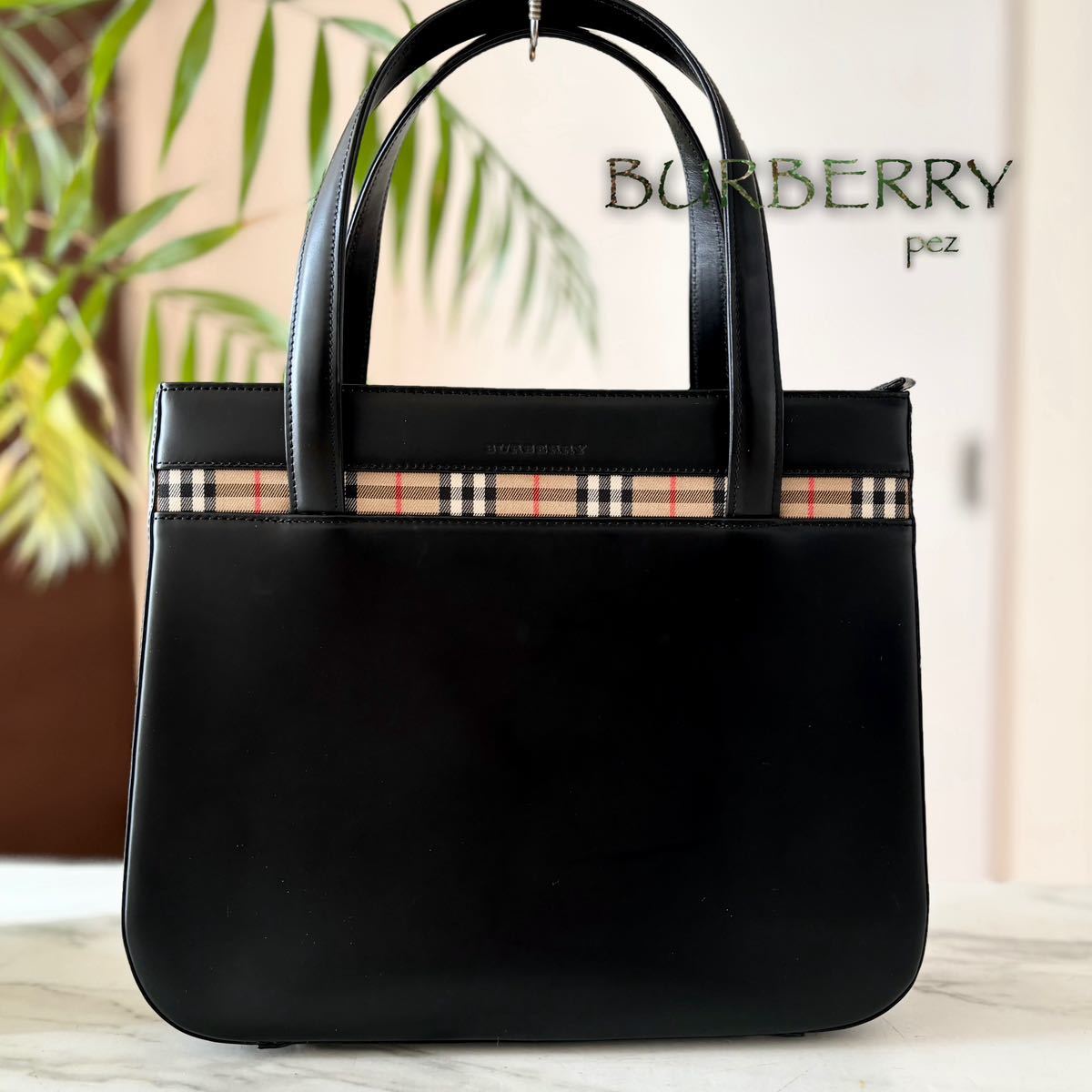 超美品 BURBERRY バーバリー レザーハンドバッグ＊ノバチェック レディース 牛革 本革 ブラック 黒 トート フォーマル 冠婚葬祭 入学卒業