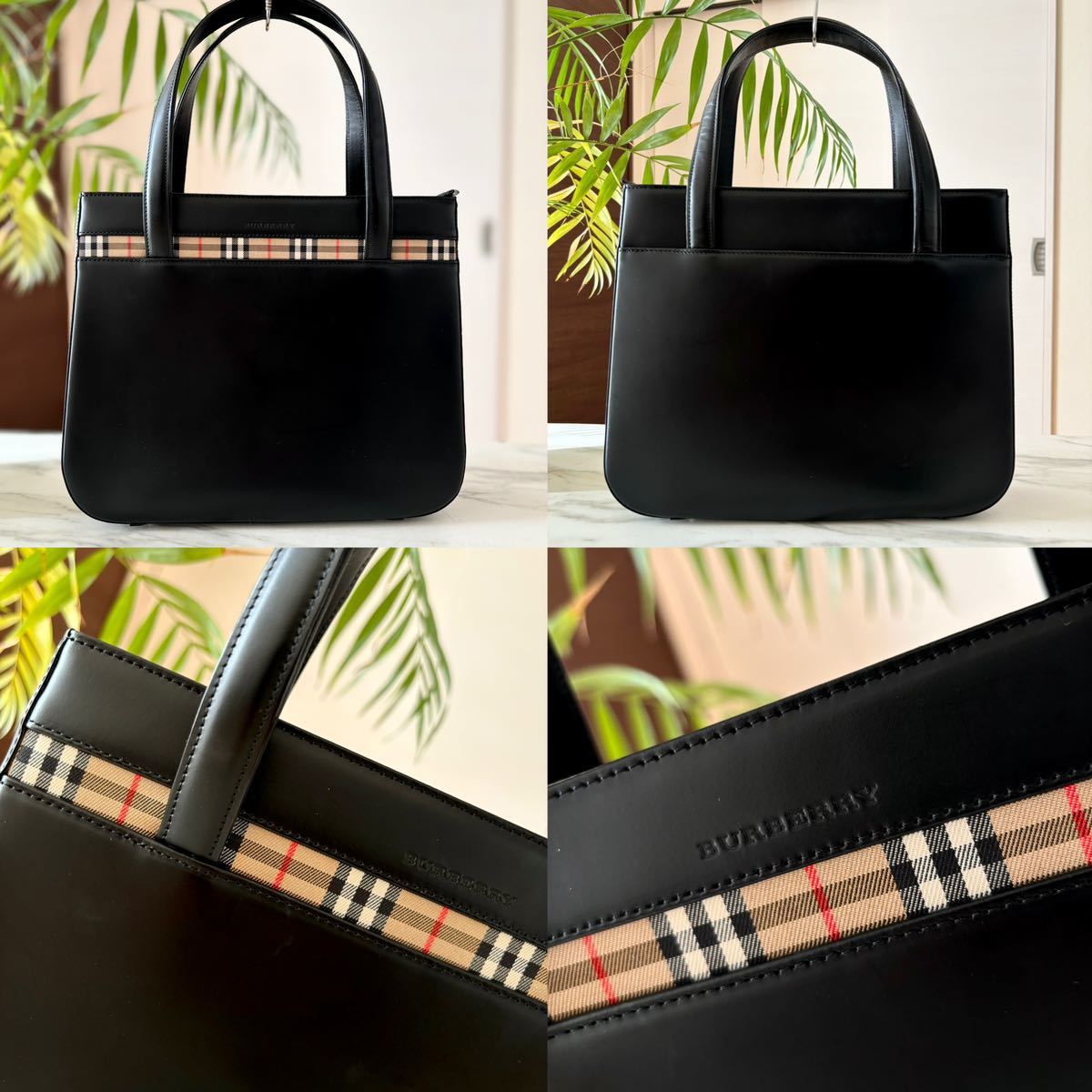 超美品 BURBERRY バーバリー レザーハンドバッグ＊ノバチェック レディース 牛革 本革 ブラック 黒 トート フォーマル 冠婚葬祭 入学卒業