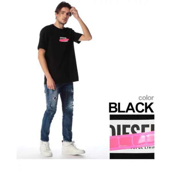 DIESEL Tシャツ ボックスロゴ プリント 蛍光テープ ブラック L