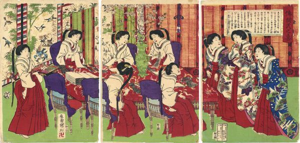  country Akira ukiyoe [.....] woodblock print 3 sheets . approximately each 36.5×25.2 Meiji 10 year Kuniaki