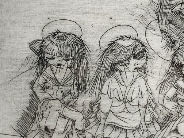 中村宏版画額「五人少女」　銅版画　サイン、年記　12.3×18　F:36×40　額装　1985年作　Hiroshi Nakamura_画像5