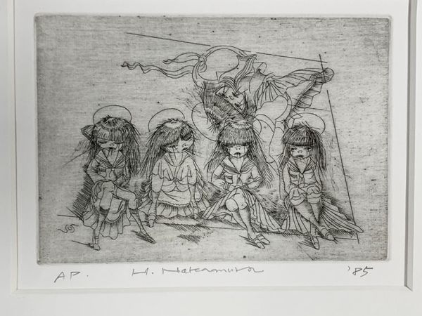 中村宏版画額「五人少女」　銅版画　サイン、年記　12.3×18　F:36×40　額装　1985年作　Hiroshi Nakamura_画像2