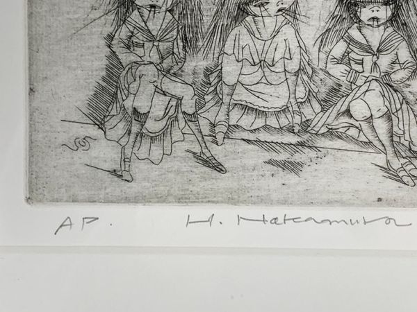 中村宏版画額「五人少女」　銅版画　サイン、年記　12.3×18　F:36×40　額装　1985年作　Hiroshi Nakamura_画像3