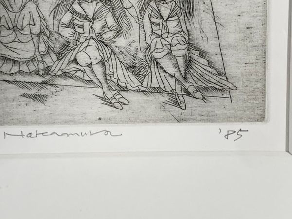 中村宏版画額「五人少女」　銅版画　サイン、年記　12.3×18　F:36×40　額装　1985年作　Hiroshi Nakamura_画像4