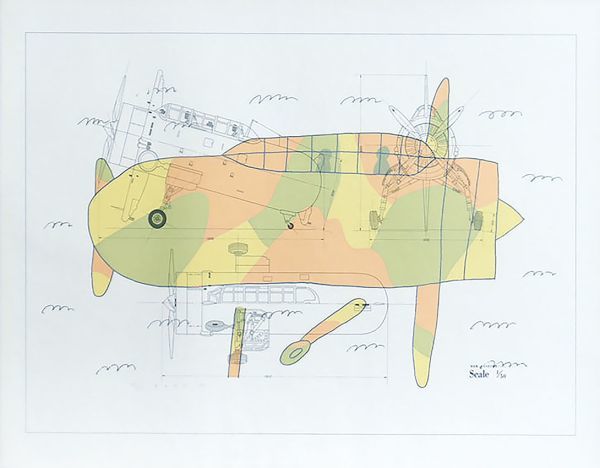 岡本信治郎版画「無音機・オカモ氏の戦争ごっこ」　シルクスクリーン　設計図（オフセット）付　限100　サイン　1970