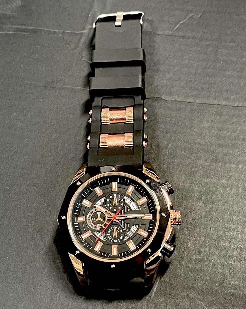 新品 LIBOGERオマージュクウォッチ ラバーストラップ メンズ腕時計 ブラック＆ローズゴールド