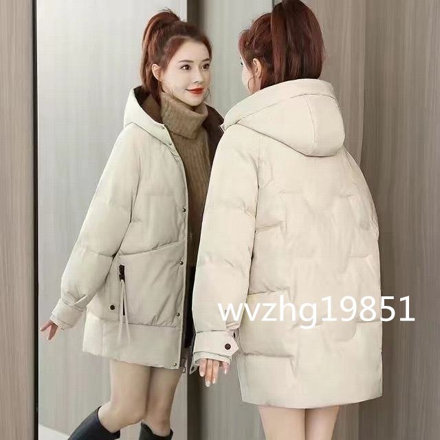  down coat lady's autumn winter outer with a hood . jacket cotton inside long coat protection against cold stylish pretty white 2XL