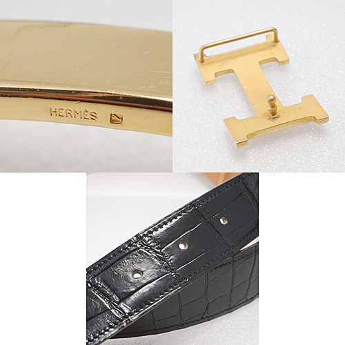 エルメス HERMES コンスタンス ポロサス ベルト/ブラック×ゴールド金具 100サイズ メンズ W刻 クロコダイル 101.5cm程度まで可能(14372)_画像7