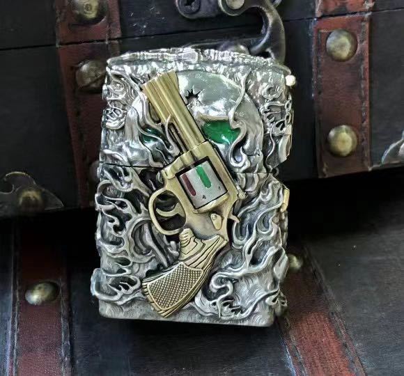 1円 定価15万 リボルバー Zippo 真鍮製 ライター ジッポー 立体感 重量感 オイルライター 新品 煙グッズ 銅 シルバー_画像5