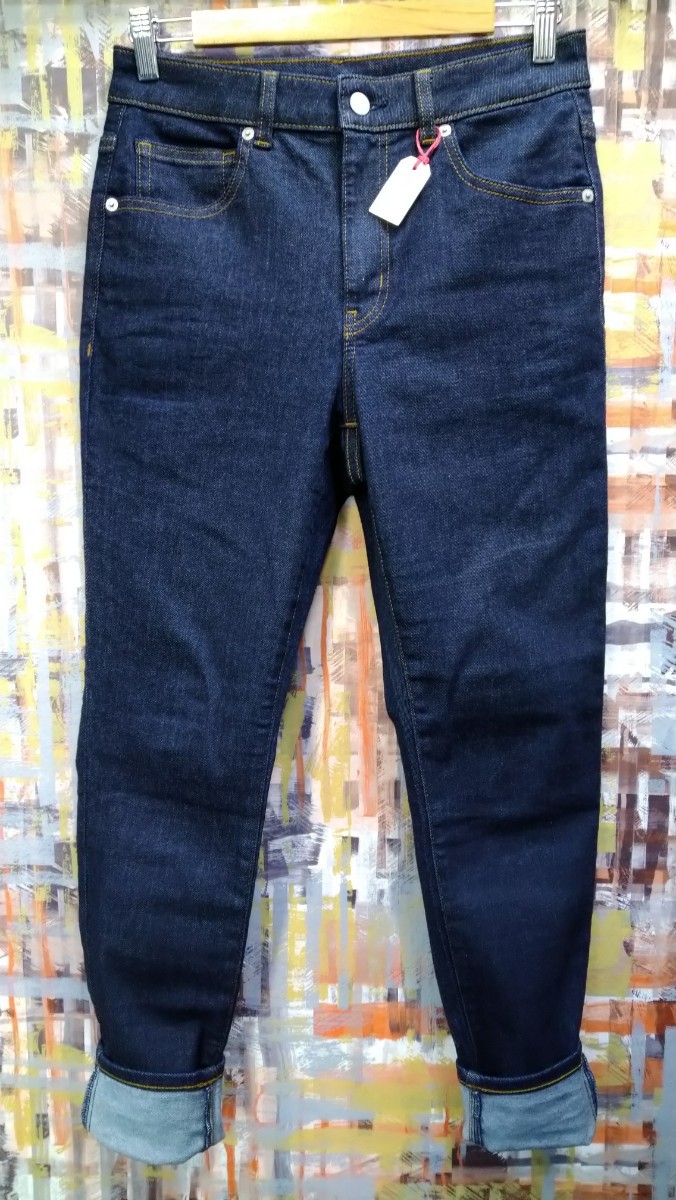 送料込★GU JEANS/スキニー ストレッチソフトデニム 221-349752/w70表示~実寸72/濃インディゴ美品/5ポケ/裾チェーンステッチの画像6