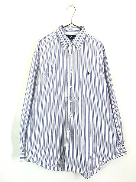 古着 90s Ralph Lauren 「CLASSIC FIT」 白×青 ストライプ BD シャツ L 古着_画像1