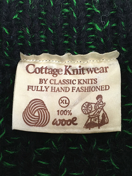 古着 80s UK製 Cottage Knitwear 黒×緑 2tone ローゲージ ウール ハンド ニット セーター XL_画像5