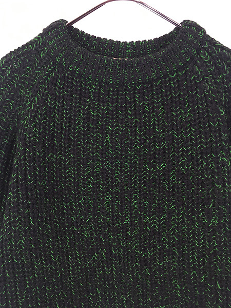 古着 80s UK製 Cottage Knitwear 黒×緑 2tone ローゲージ ウール ハンド ニット セーター XL_画像2