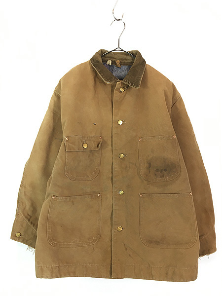 古着 70s Carhartt 裏地 ストライプ ブランケット ブラウン ダック ミシガンチョア カバーオール ジャケット XL位 古着_画像1