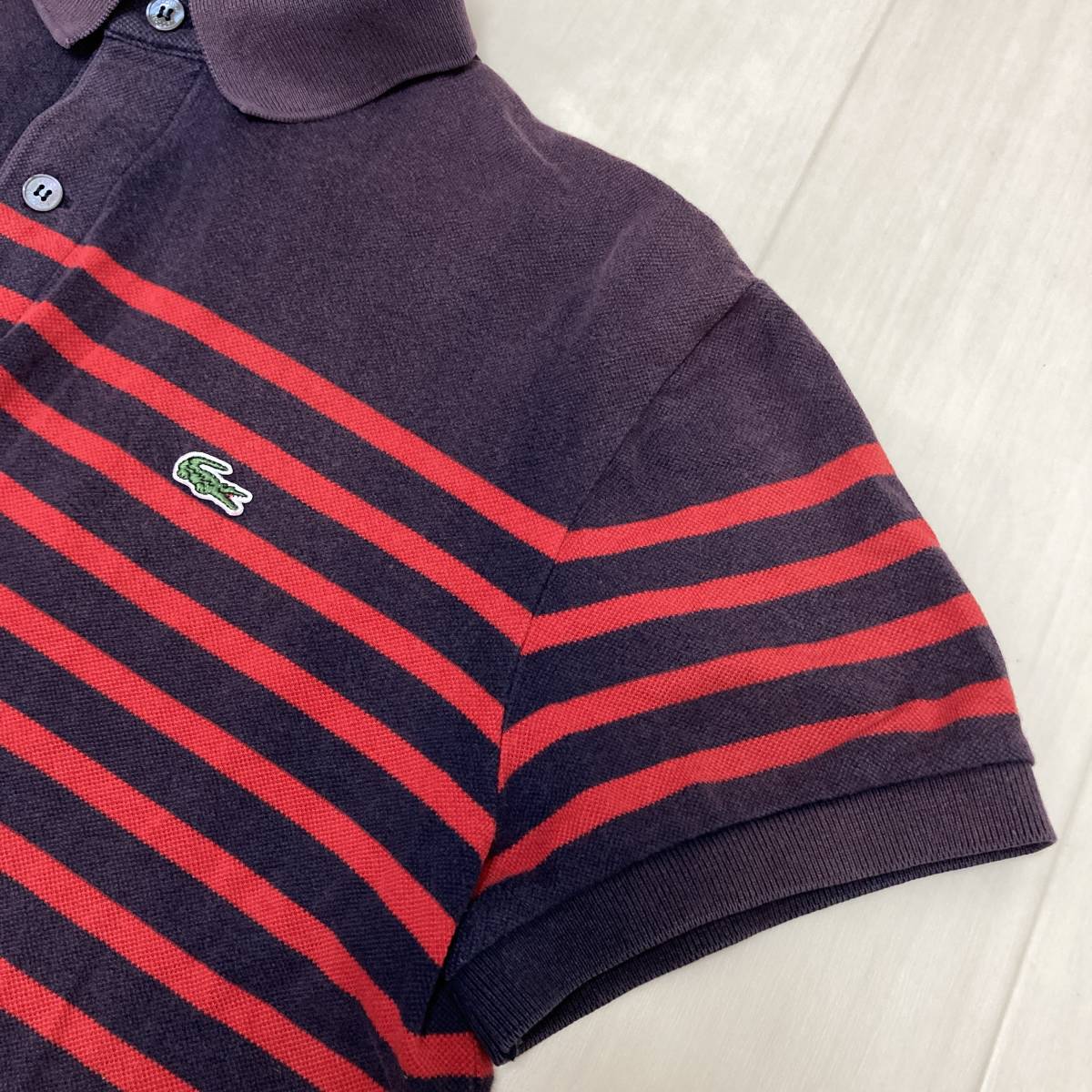 YH0062 ヴィンテージ LACOSTE ラコステ メンズ ポロシャツ 半袖 ロゴワッペン刺繍 4 ボーダー 色褪せ 古着 ベーシックカジュアルスタイル_画像7