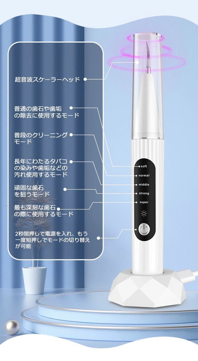 最新モデル 超音波口腔洗浄器 歯石取り 超音波スケーラー 超音波歯クリーナー 電動歯ブラシ 高周波振動 5段モード 防水 LEDライト USB充電