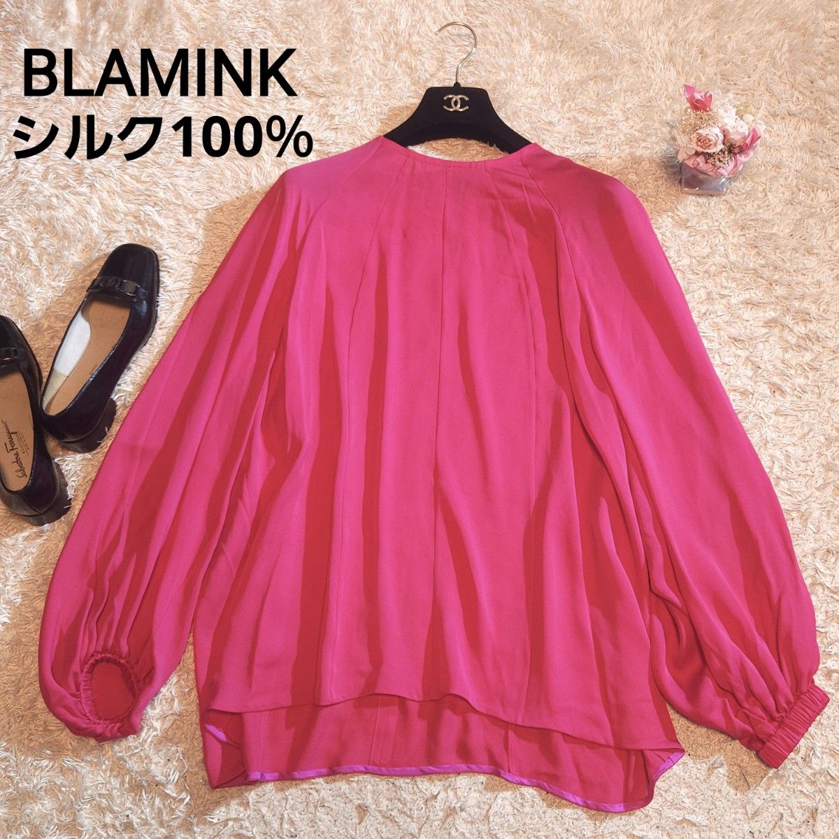 ブラミンク BLAMINK バックリボン シルク ブラウス ピンク M~Lサイズ相当  オーバーサイズ 極美品