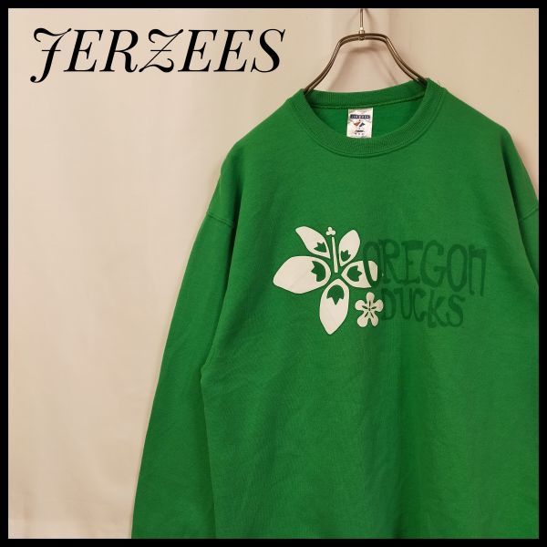 ジャージーズ　スウェット　アメフト　カレッジロゴ　オレゴン大学　チームロゴ　裏起毛　トレーナー　花柄　グリーン　緑色_画像1