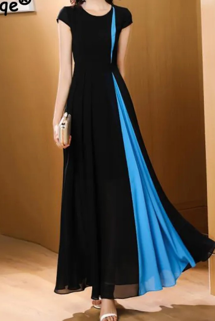 見惚れる！美しいラインブルーが目を引く,エレガントなイブニングドレス、対象的な色のパッチワーク、ブリーツスカート　ナイトドレス大き_画像1