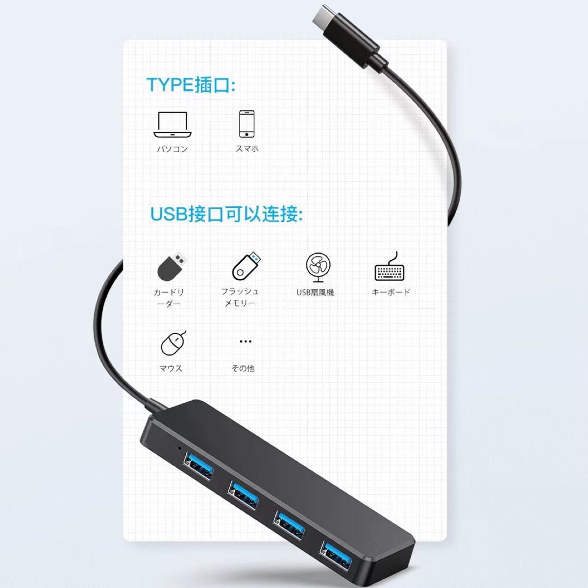 USB ハブ　TypeC ハブ USB3.0 4ポート 増設高速データ転送