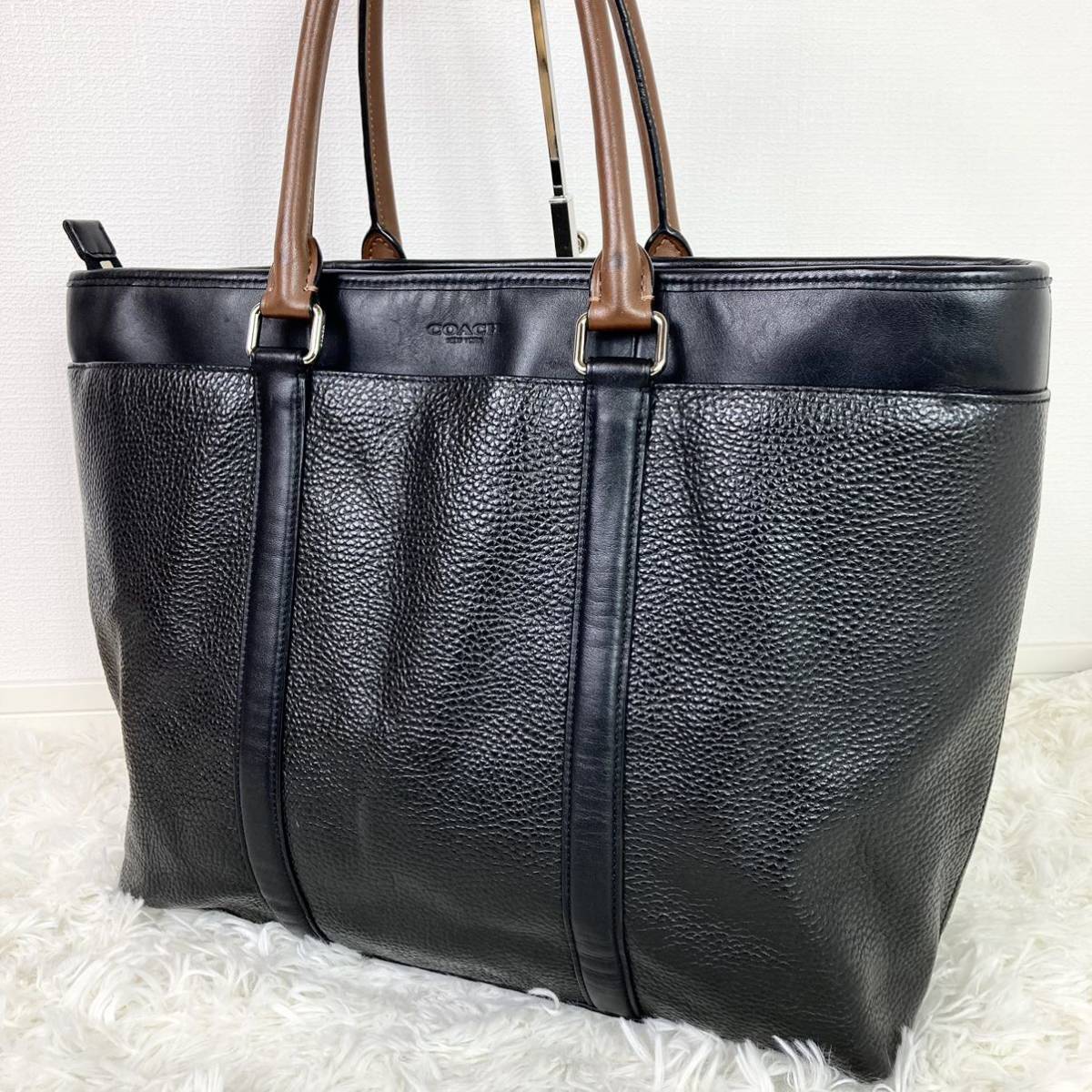 1円【美品 定価10万】 COACH コーチ メトロポリタン ビジネスバッグ トートバッグ シボ革 レザー 大容量 A4◎ 肩掛け◎ メンズ 黒_画像1