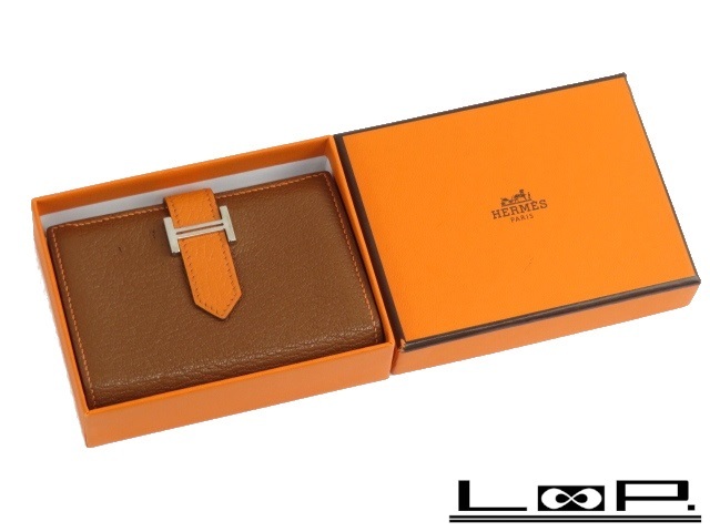 ■美品■　エルメス ベアン カード ケース シェーブル ブラウン オレンジ □M刻 箱 【85161】