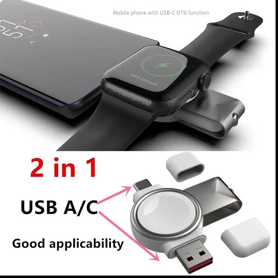 Apple Watch用 ポータブル充電器 全機種対応 持ち運び便利 ワイヤレス【規格】USC AとUSB　Type-C【色】白