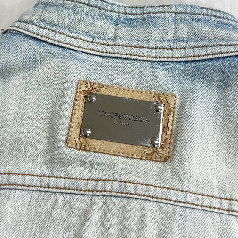 【NF-63】中古 DOLCE&GABBANA ドルガバ ノーカラー デニム ジャケット ダメージ ウォッシュ used加工 イタリア製 レディース 42の画像8