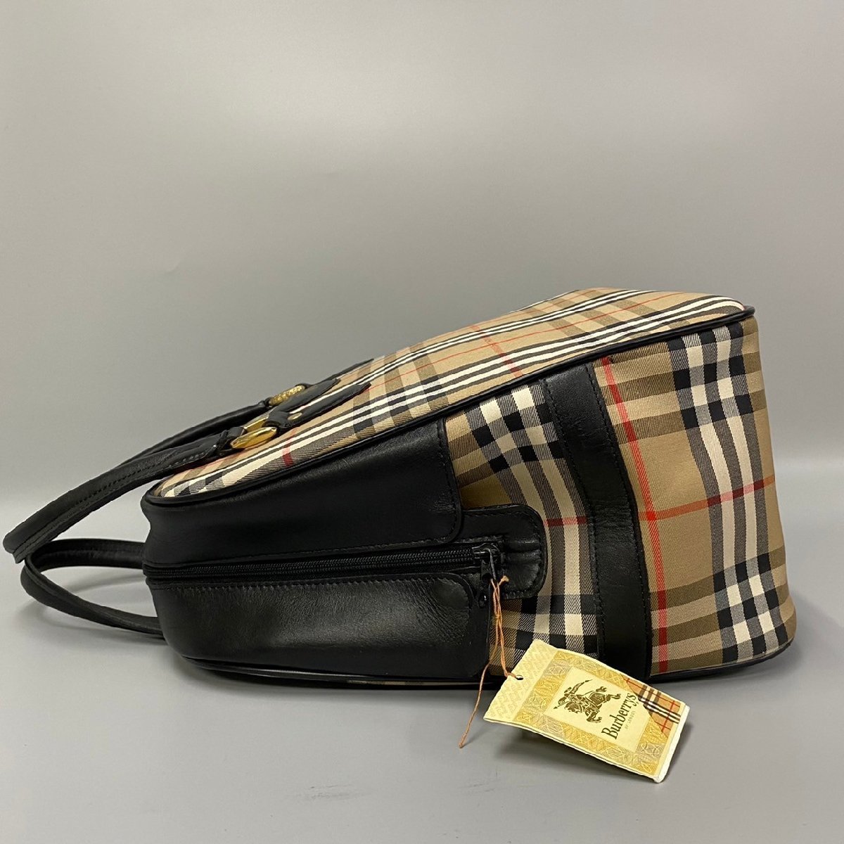 美品 BURBERRY バーバリー ノバチェック キャンバス レザー ハンドバッグ トートバッグ ボストンバッグ A4収納可能 ブラック 53093