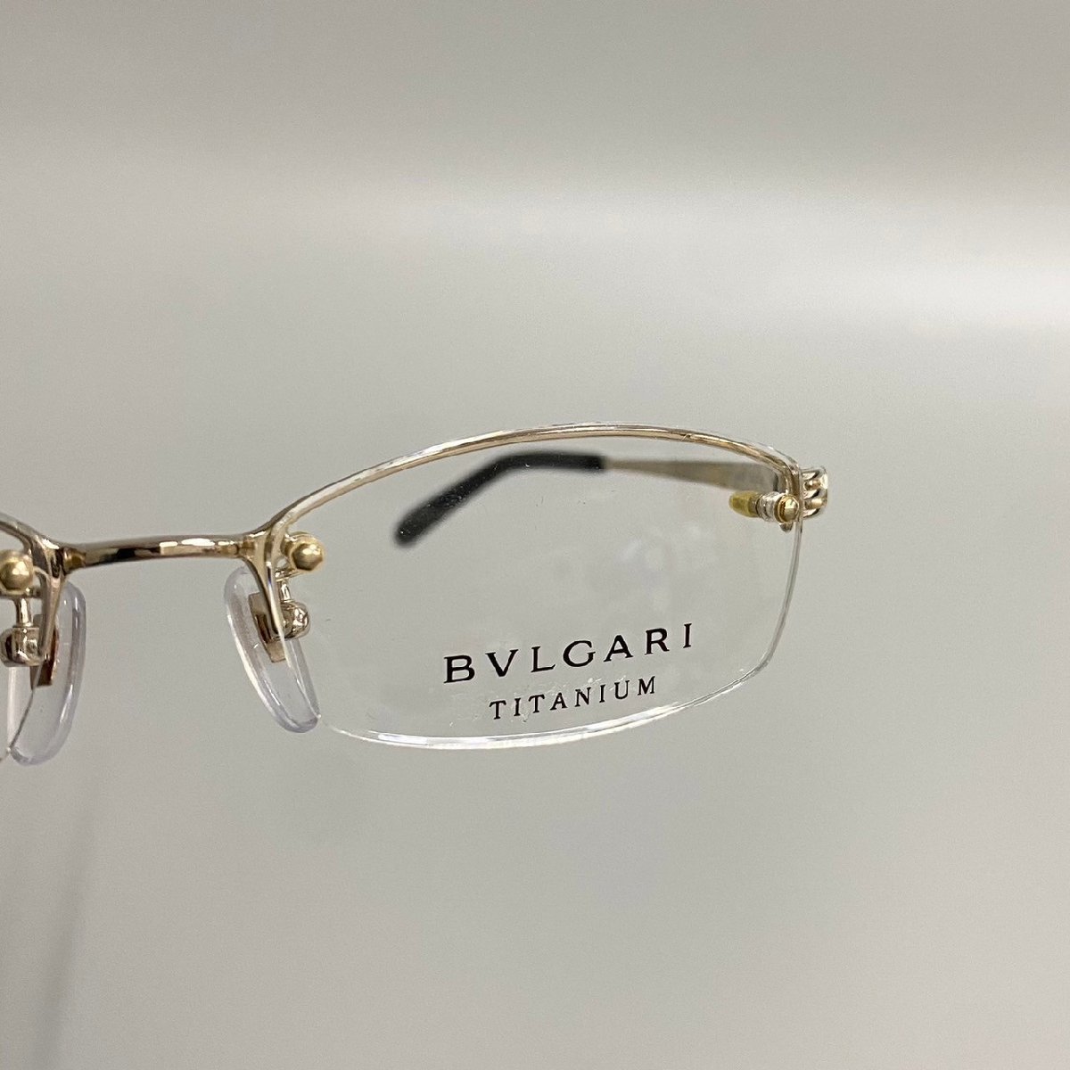 1円 ほぼ未使用 BVLGARI ブルガリ 度なし ロゴ スクエア 型 ハーフリム ナイロール メタルフレーム メガネ 眼鏡 ゴールド 49215_画像4