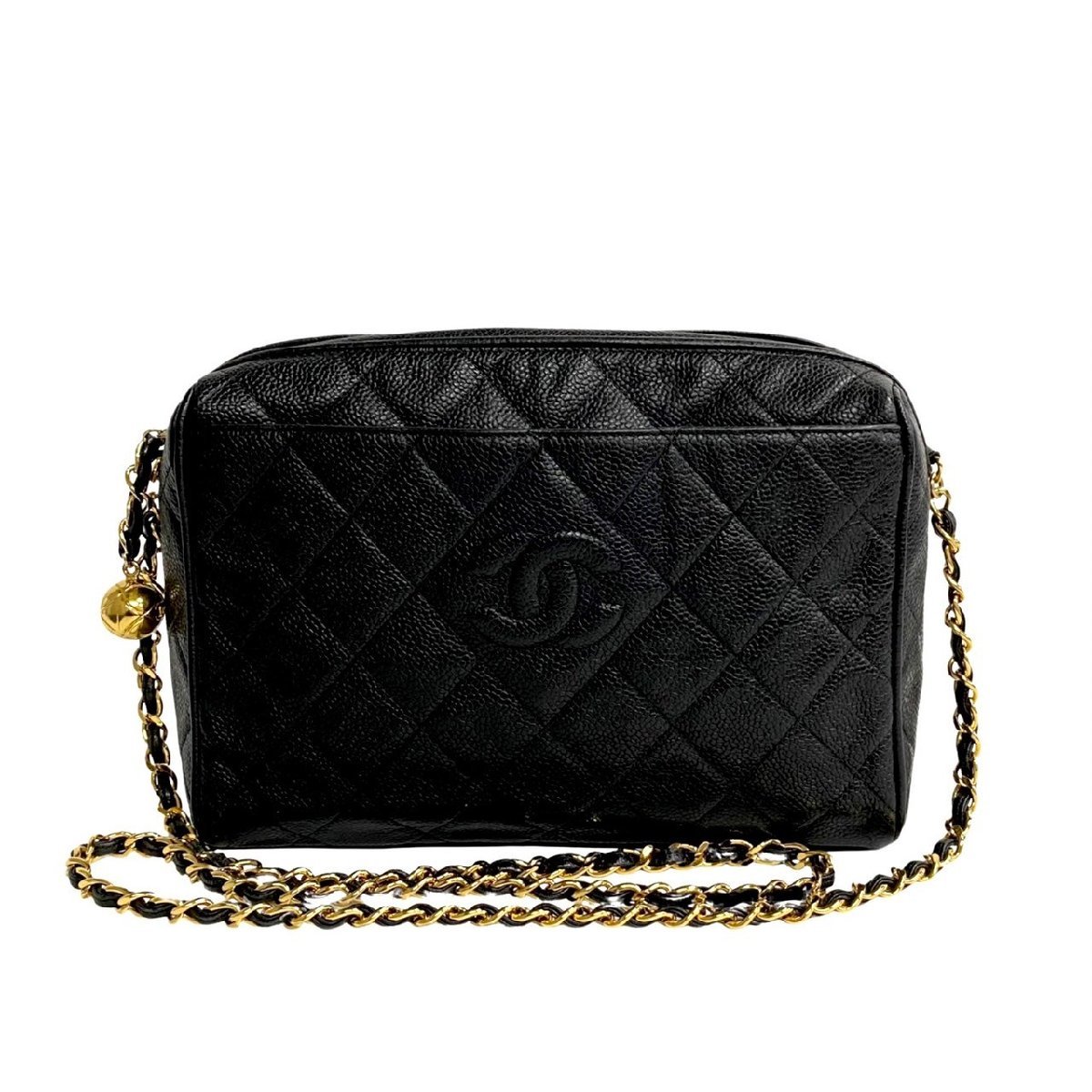 極 美品 保存袋 シール有 3番台 CHANEL シャネル マトラッセ ココマーク マットキャビアスキン チェーン ショルダーバッグ ブラック 24132_画像1