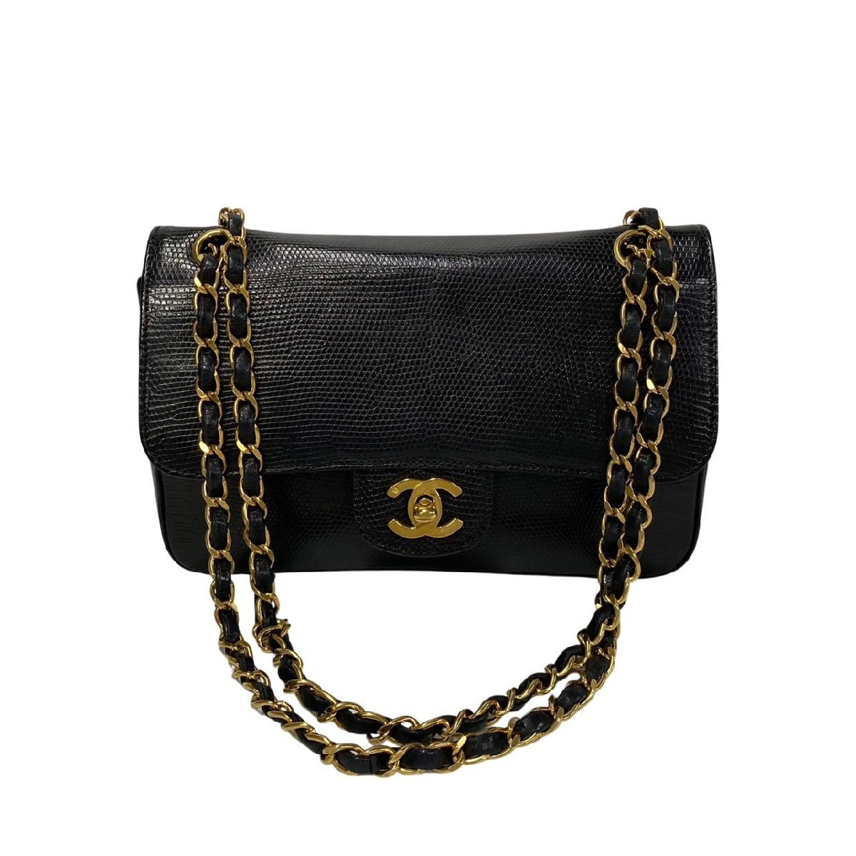 極 美品 シール有 1番台 CHANEL シャネル マトラッセ ダブルフラップ リザード レザー ココ 2way ハンドバッグ ショルダーバッグ 黒 66929