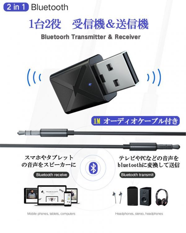 即納 Bluetooth5.0 トランスミッター レシーバー 1台2役 送信機 受信機 無線 ワイヤレス 3.5mm オーディオスマホ テレビ TXモード輸 KN320_画像3