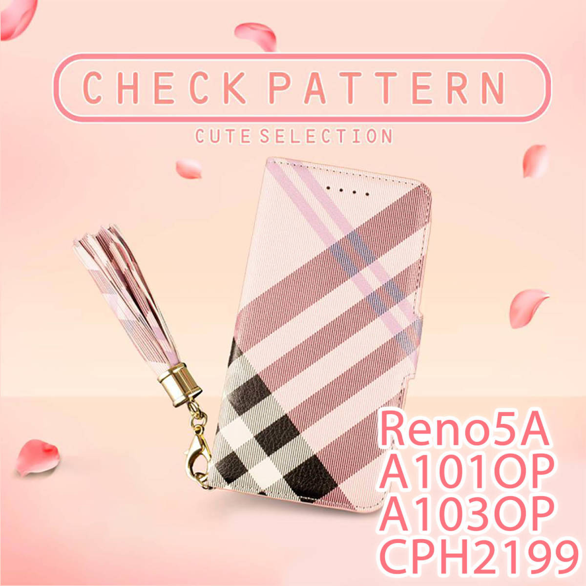 OPPO Reno5A case notebook type stylish pink peach A101OP cover mirror attaching with strap CPH2199 smartphone case check pattern A103OP free shipping cheap 