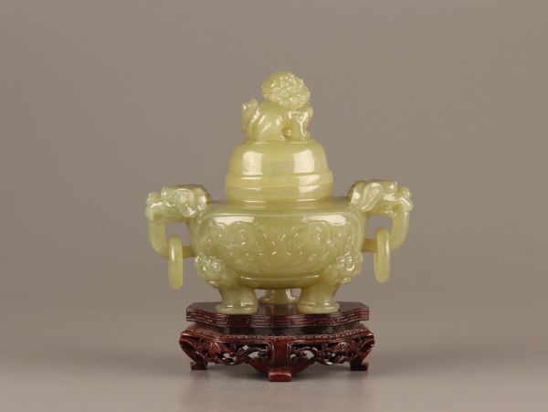 中国古玩 唐物 緑砡石 翡翠 置物 遊環 香炉 時代物 極上品 初だし品 C3821_画像3