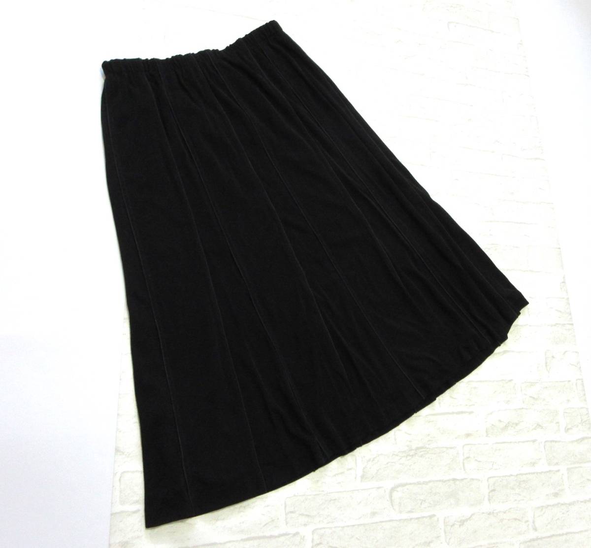 美品 送料込み Leilian レリアン ブラック ウエスト ギャザー ジャージー ロング スカート 13＋ 13号( 日本製 黒 ストレッチ 大きいサイズ