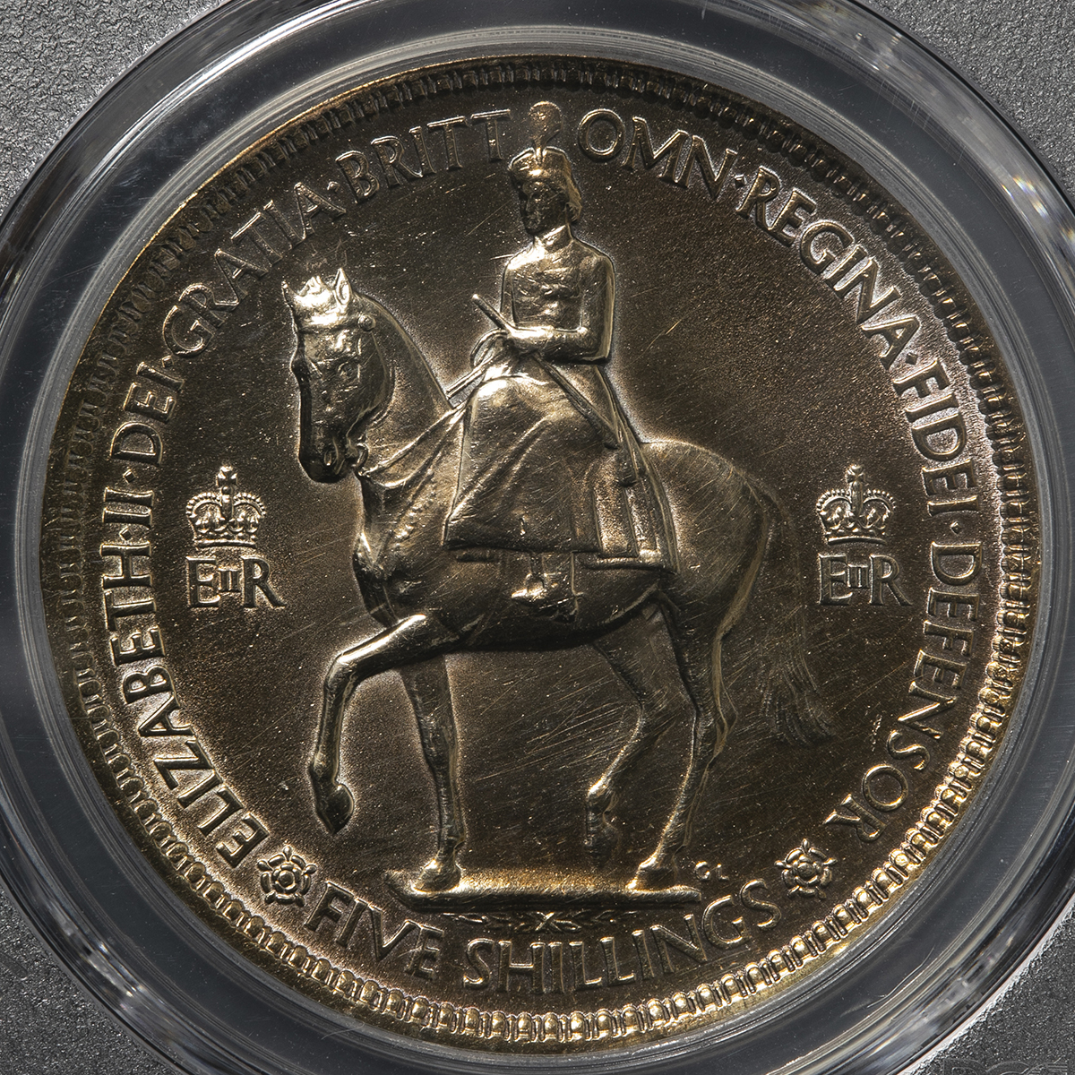 1953年 英国 ロイヤルミント エリザベス２世 戴冠式 5シリング クラウン 白銅貨 PCGS Genuine_画像3