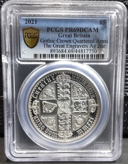 【準最高鑑定】2021年 英国 ロイヤルミント ゴチッククラウン 5ポンド 2オンス 銀貨 PCGS PR69 DCAMの画像1