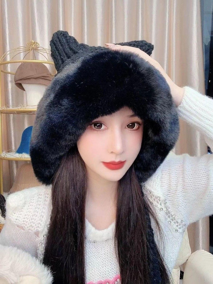 帽子 ネコ耳 ニット帽 ブラック ムートン 耳当て付き もこもこ ふわふわ 新品 ねこ 猫 かわいい 韓国 あったかい ブラック