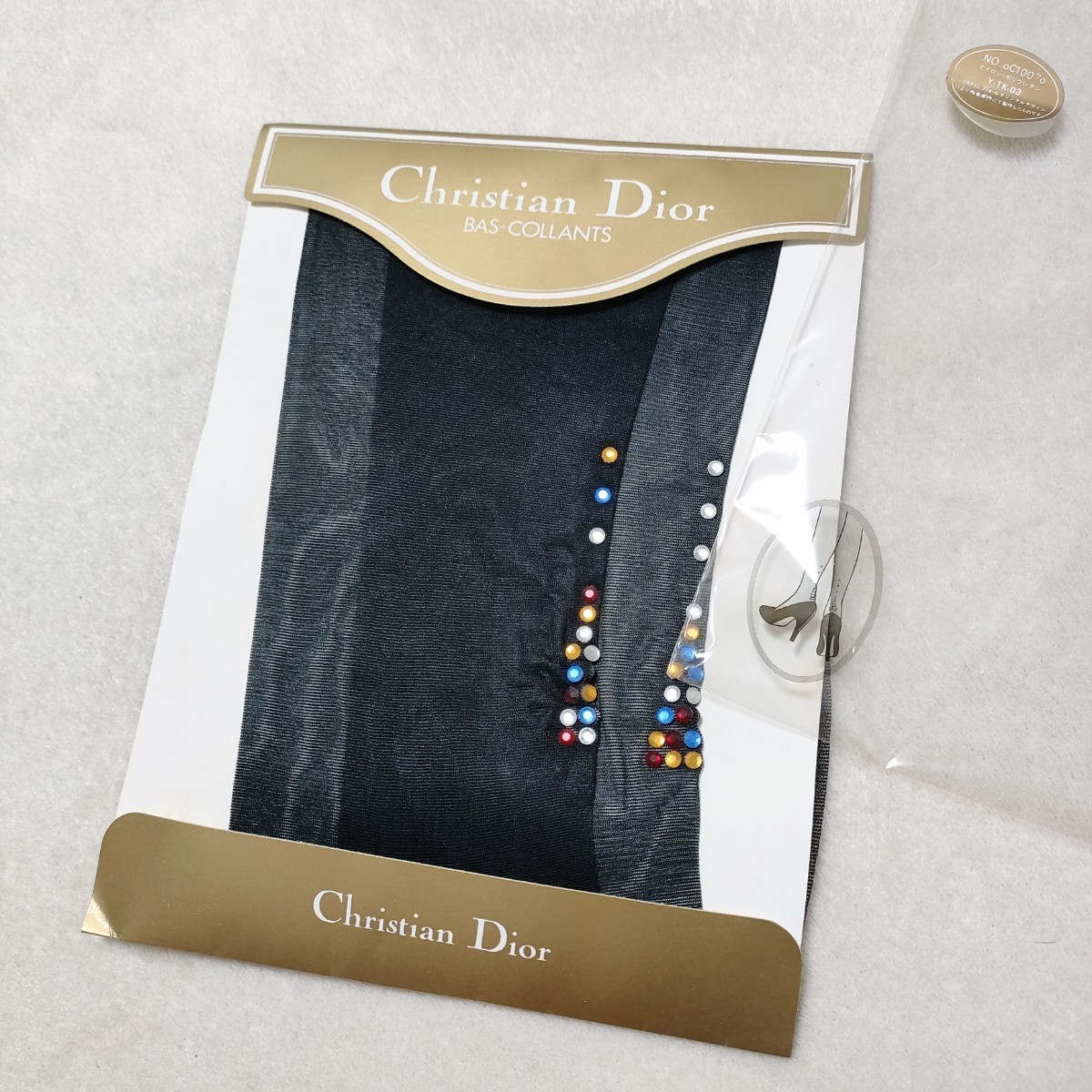 Christian Dior ブラック 黒 ラインストーン つま先補強 足型セット パンティストッキング パンスト 新品 整理品_画像1