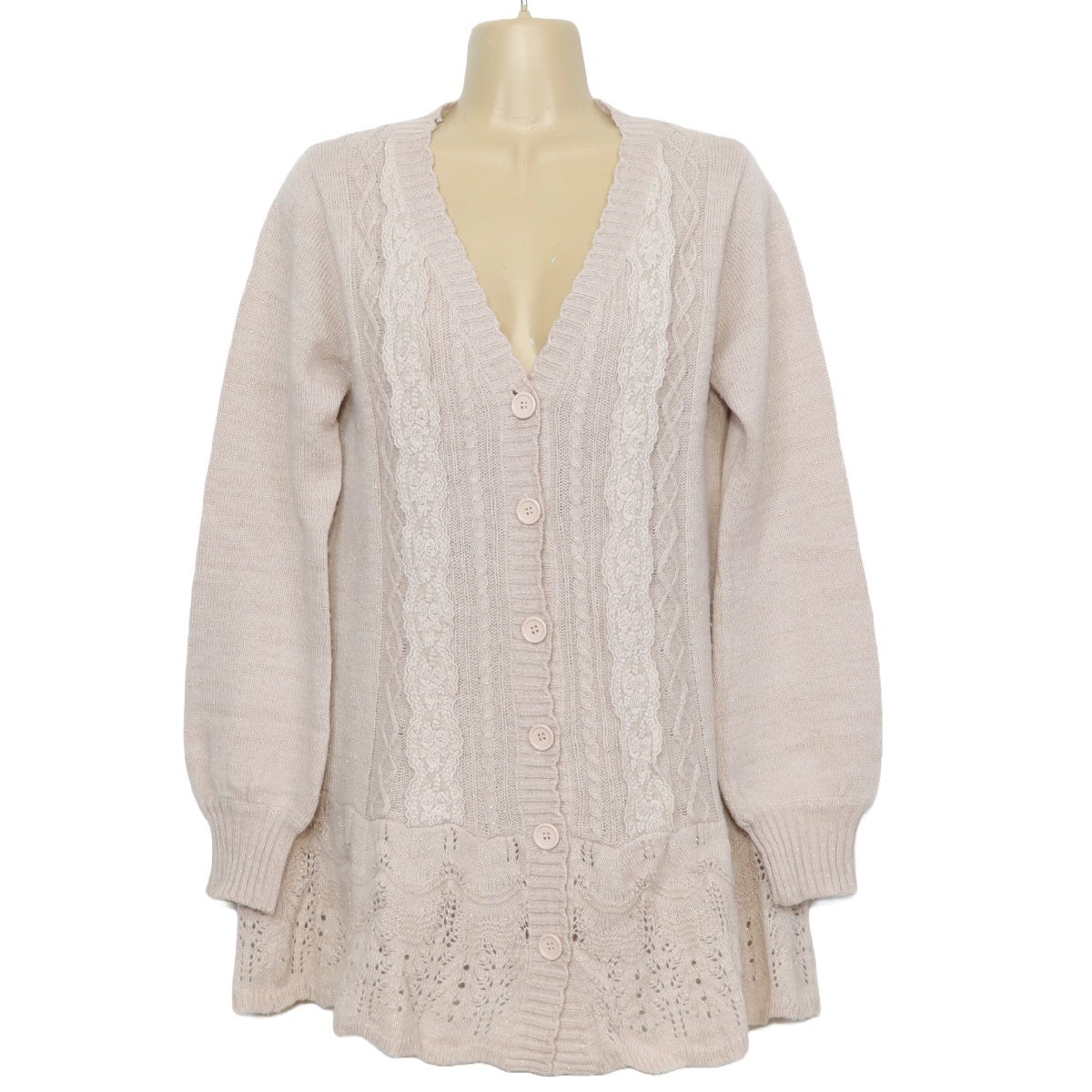 [ new goods *8400 jpy. tag attaching ] L'Est Rose * long cardigan knitted adult pretty race & lame! wool . pink beige group z5840