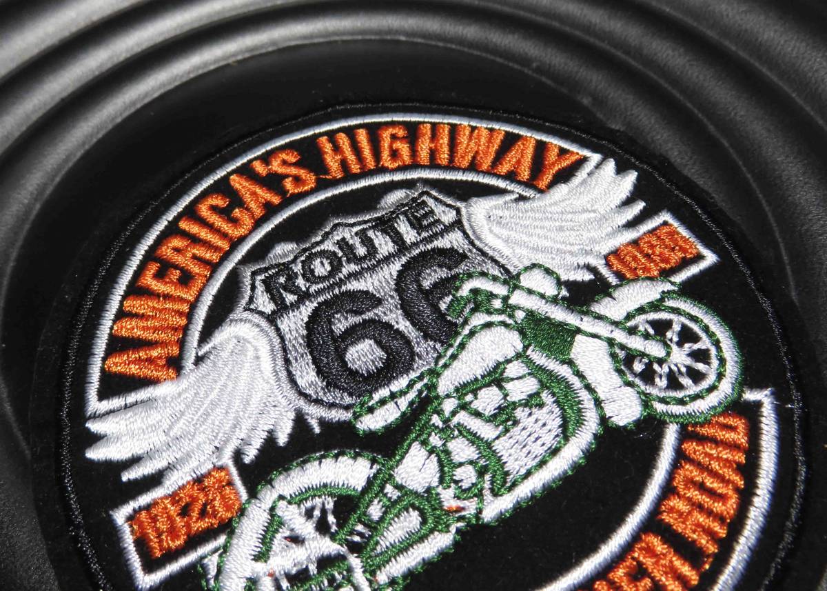 標準HW黒◆新品American's highway route 66■ルート６６アメリカ　大型バイク　オートバイ　二輪車　　刺繍ワッペン（パッチ）ツーリング