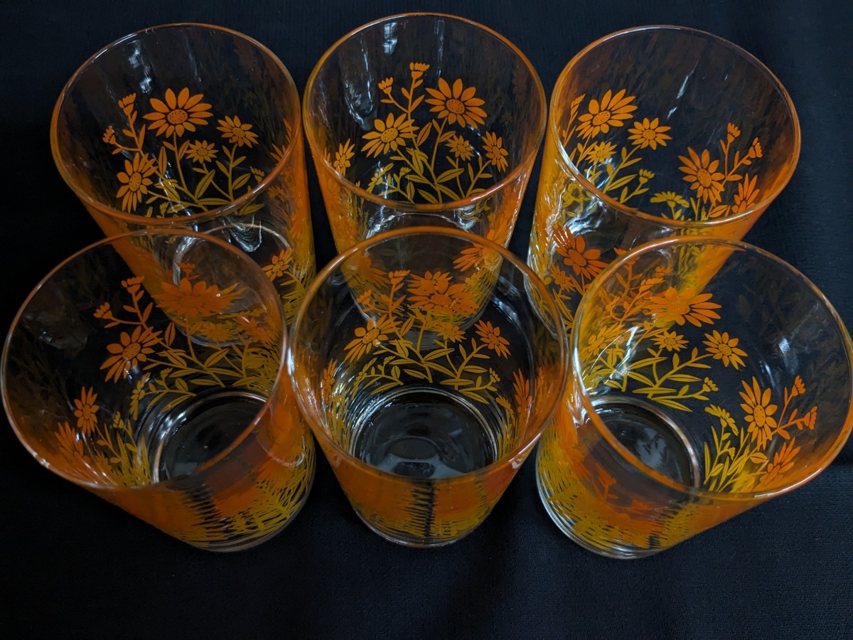 昭和レトロ ポップ 東洋ガラス 花柄 タンブラー グラス 6個セット T印 高さ約10cm 未使用当時物_画像4