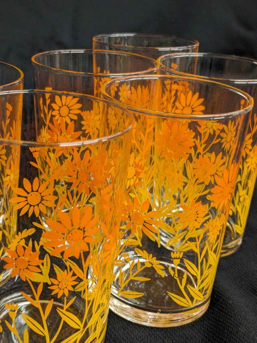 昭和レトロ ポップ 東洋ガラス 花柄 タンブラー グラス 6個セット T印 高さ約10cm 未使用当時物_画像8