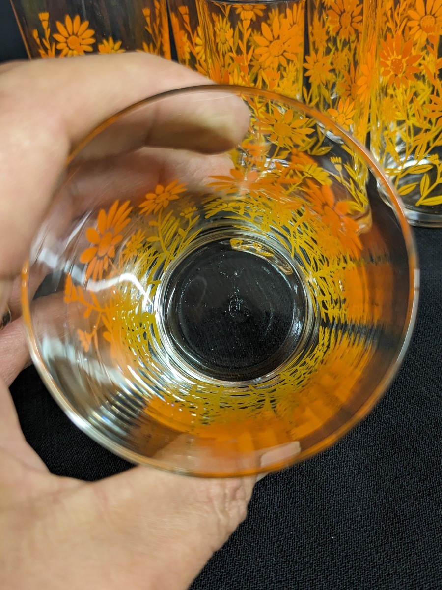 昭和レトロ ポップ 東洋ガラス 花柄 タンブラー グラス 6個セット T印 高さ約10cm 未使用当時物_画像6
