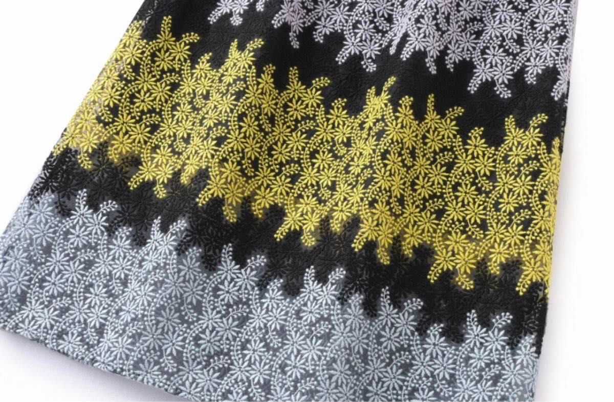 ロング スカート 黒刺繍 ブラック 白 ホワイト黄色水色花柄年中レースロイスクレヨントッカ好き